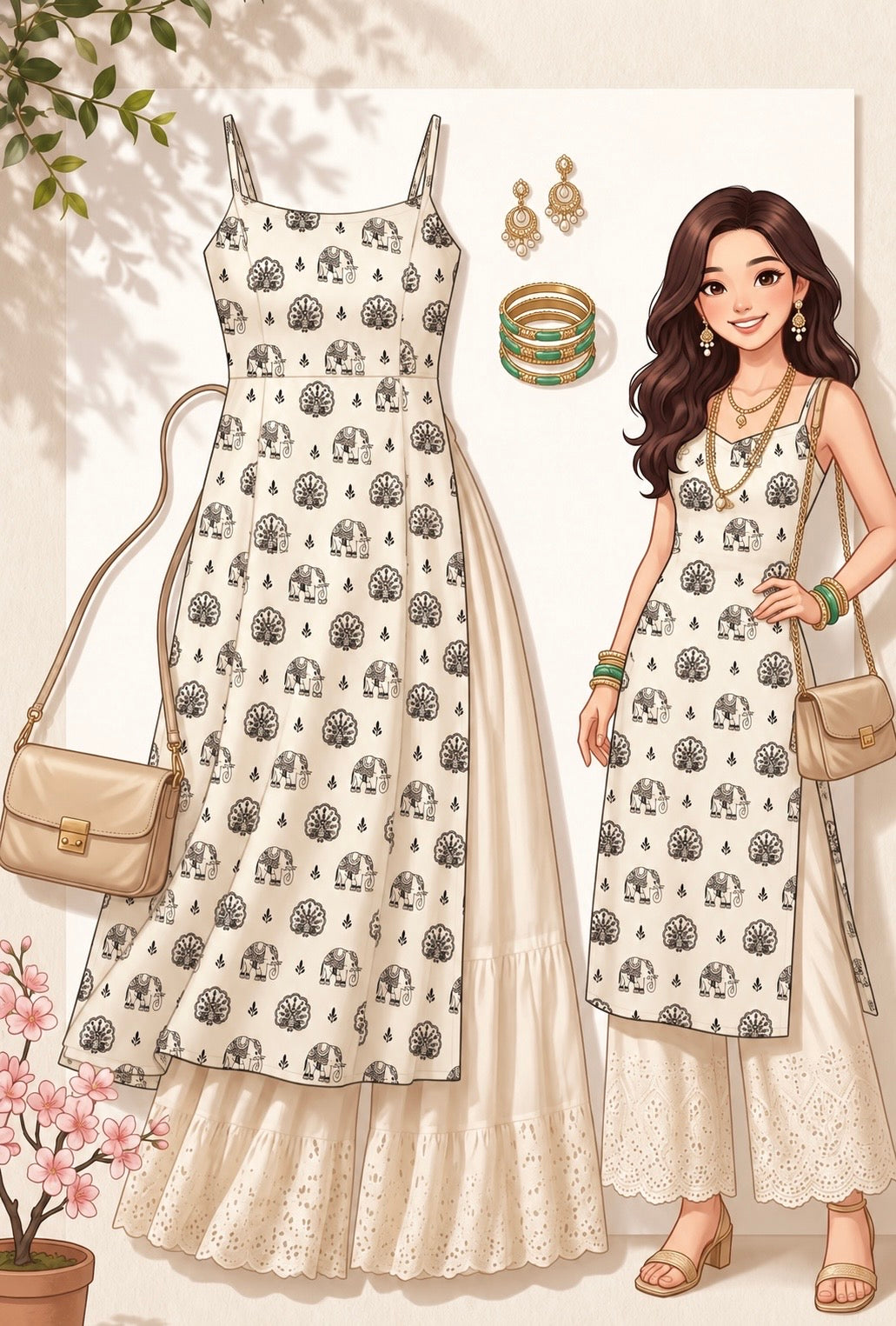 Noor Ivory Elephant Print Kurta
