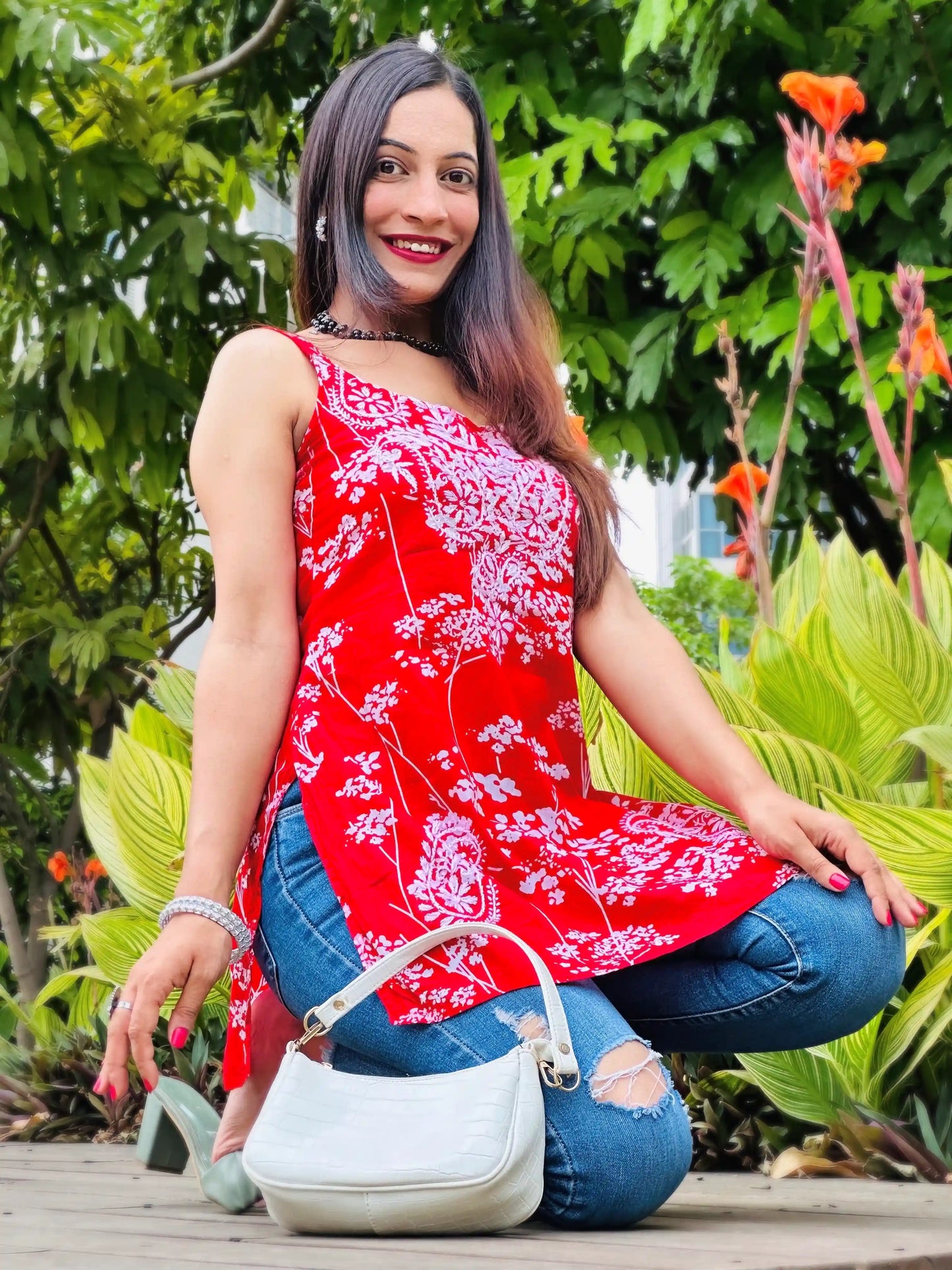 Crimson Red Naaz Chikan Short Kurta