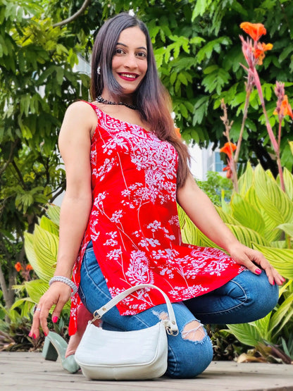 Crimson Red Naaz Chikan Short Kurta
