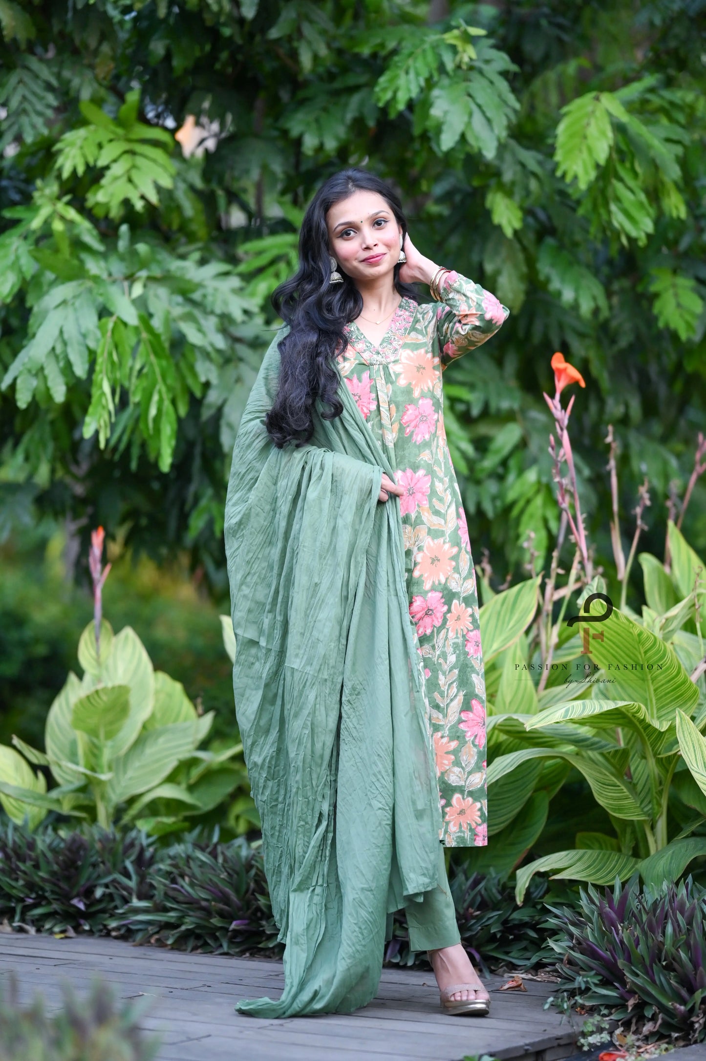 Meher Green Embroidered Floral Suit Set