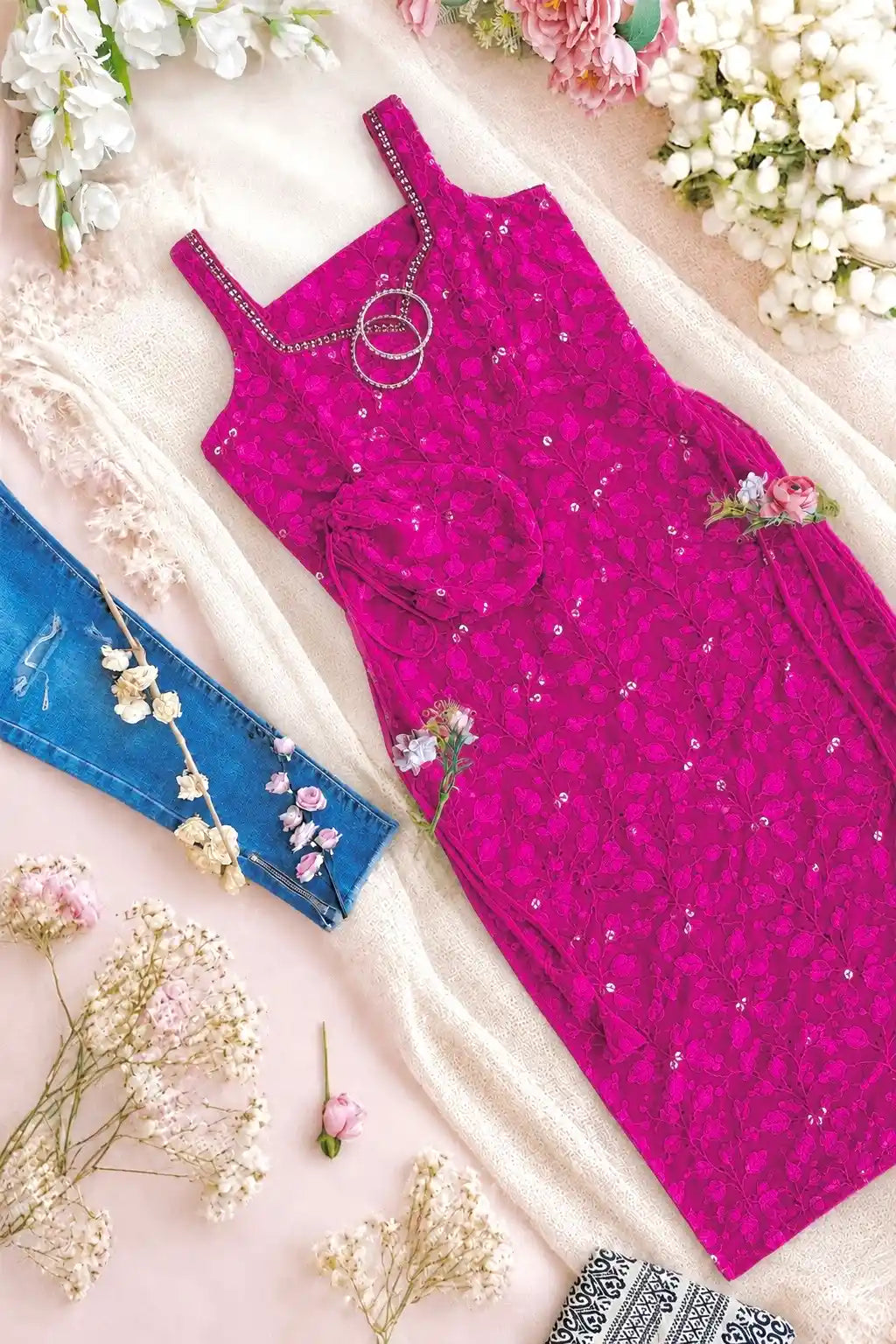 Gulnaz Fuchsia Embroidered Straight Kurta