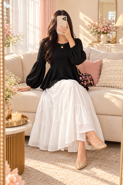 Chic Black Puff Sleeve Peplum Top