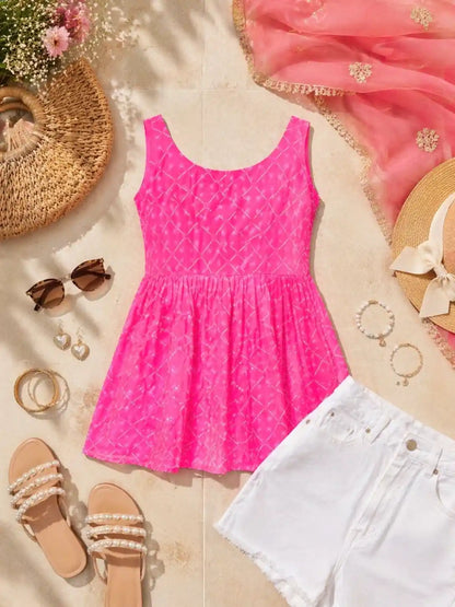Pink Bandhej Jaipuri Short Top
