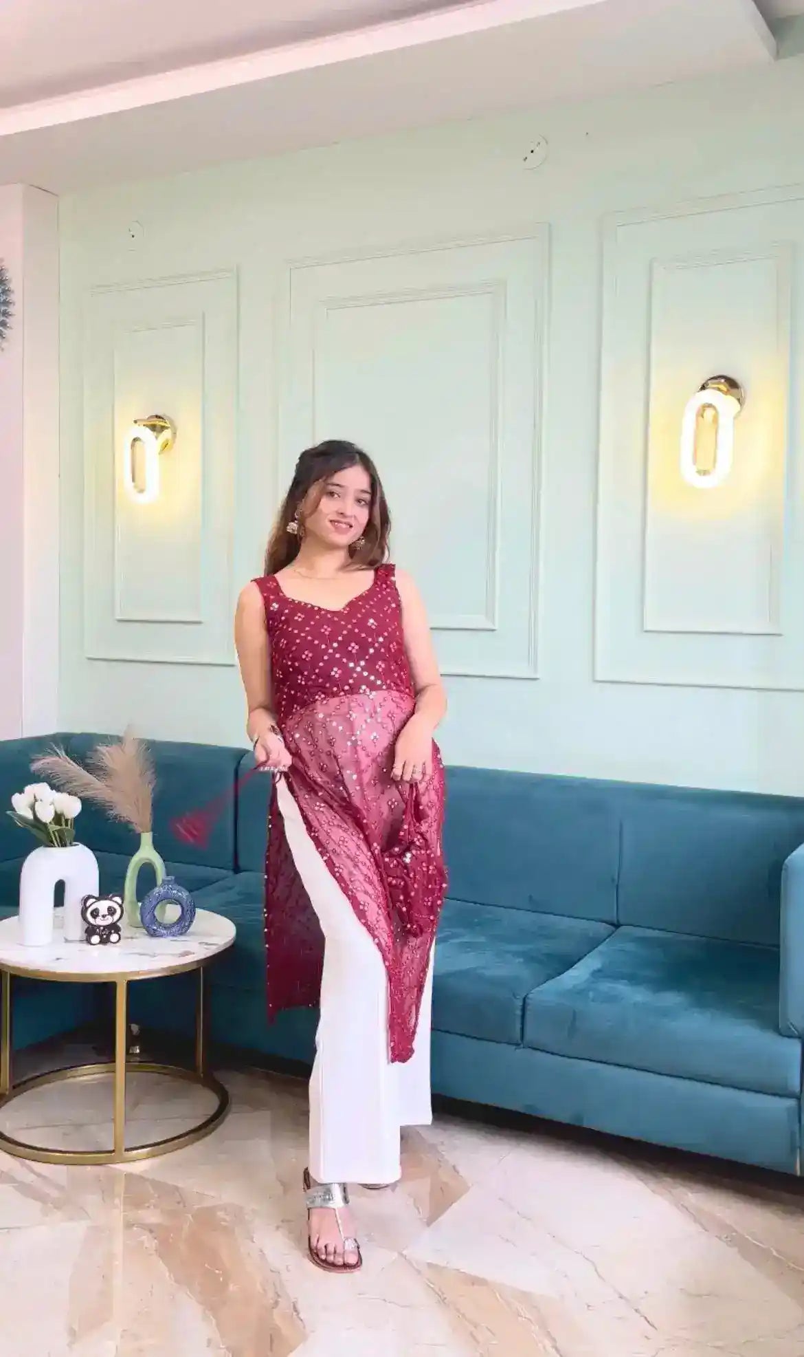 Manie's Claret Maroon Gulnaz Kurta