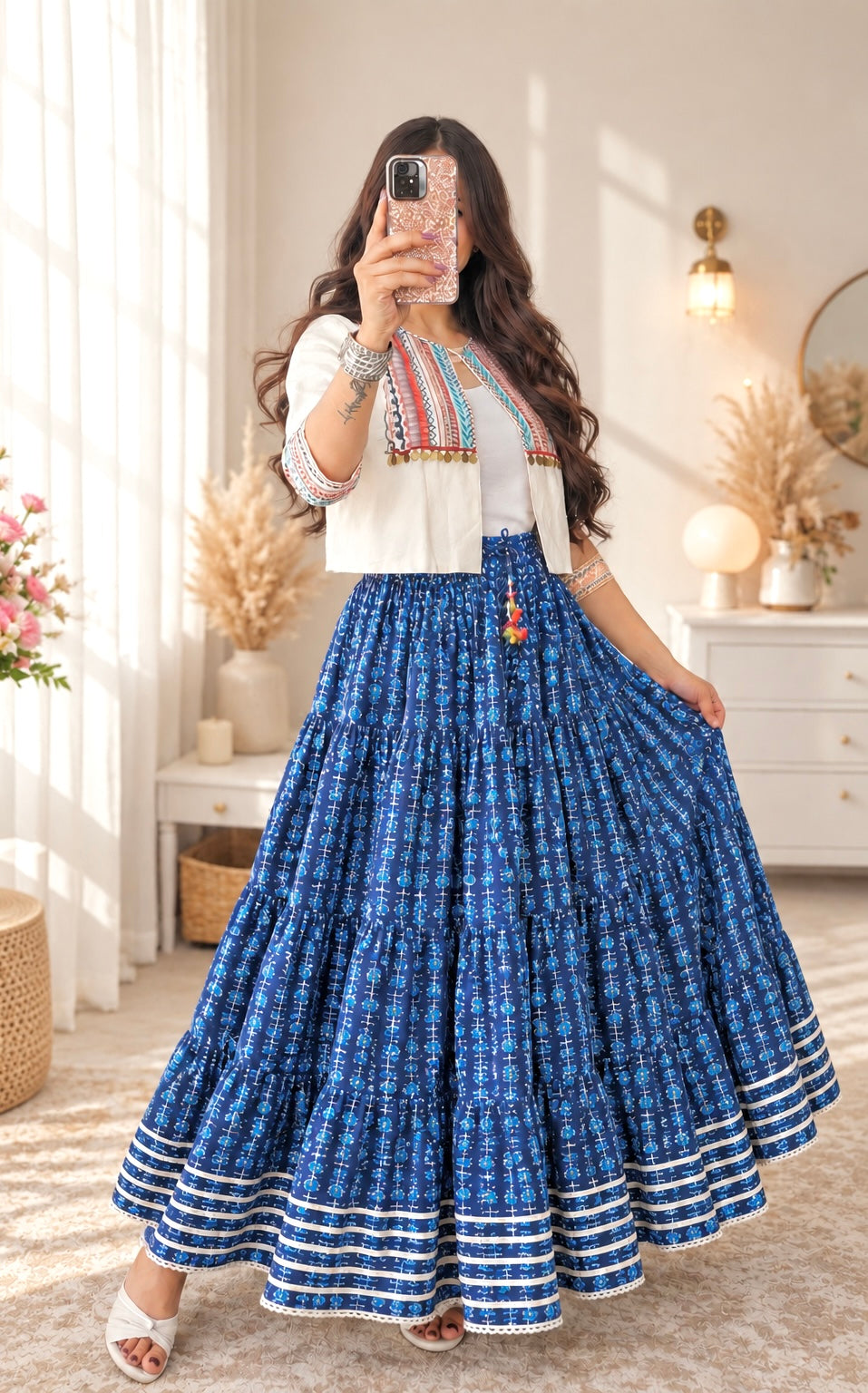 Rustic Jaipuri Indigo Flared Twirl Skirt