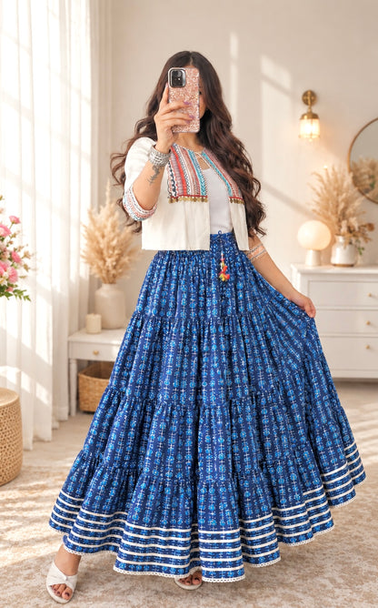 Rustic Jaipuri Indigo Flared Twirl Skirt