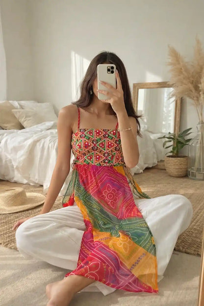 Boho Bloom Bandhej Tie Kurti