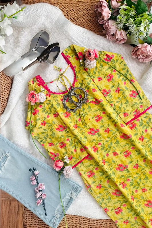Pink Flower Jaipuri Kurta