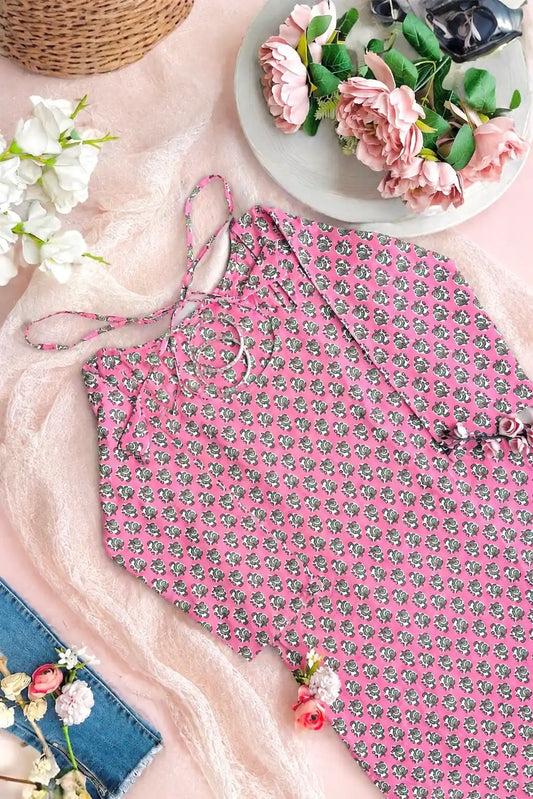 Pink Block Jaipuri Back-Tie Top