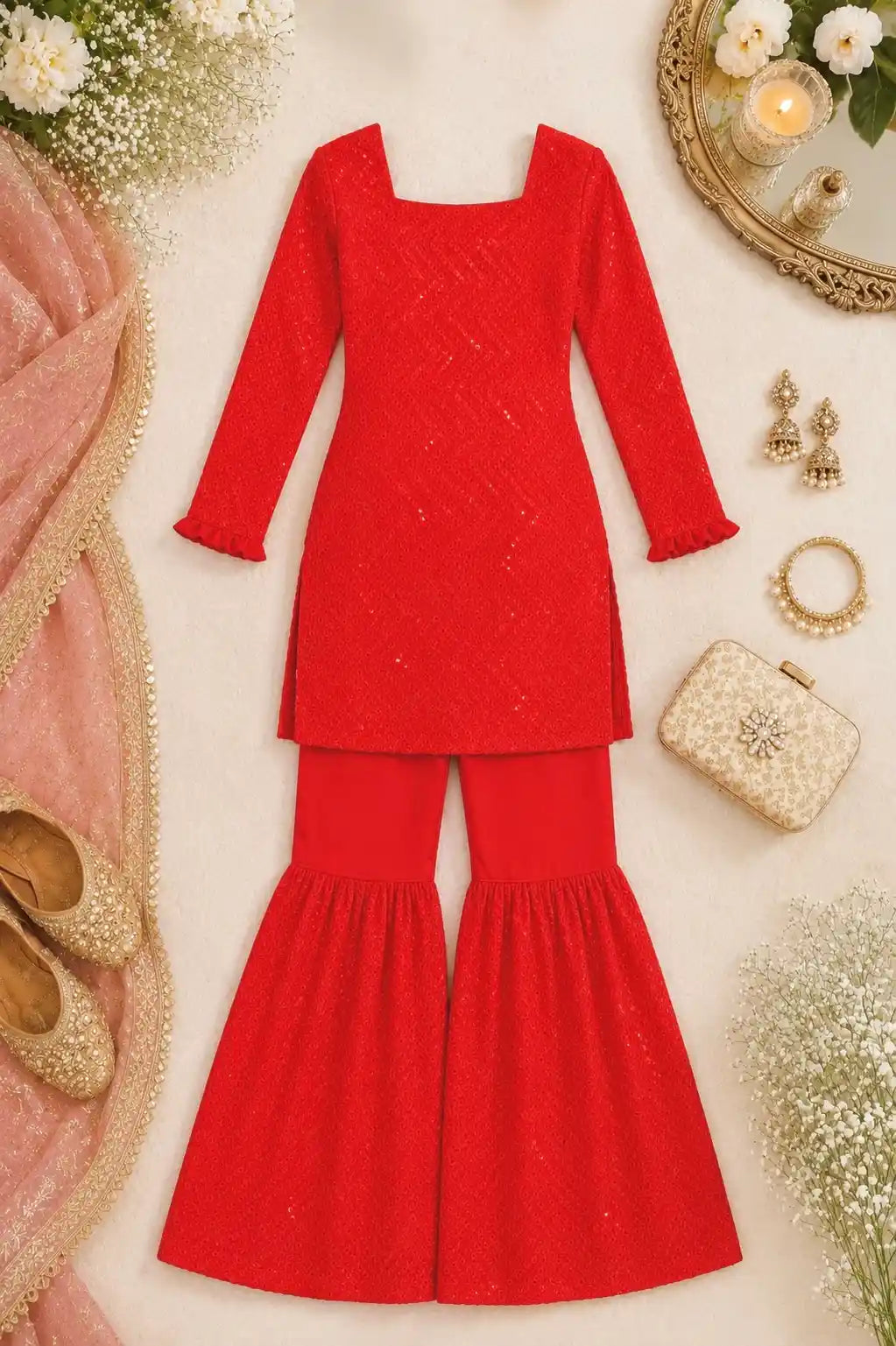 Sparkle Red Gulnaz Sharara Set