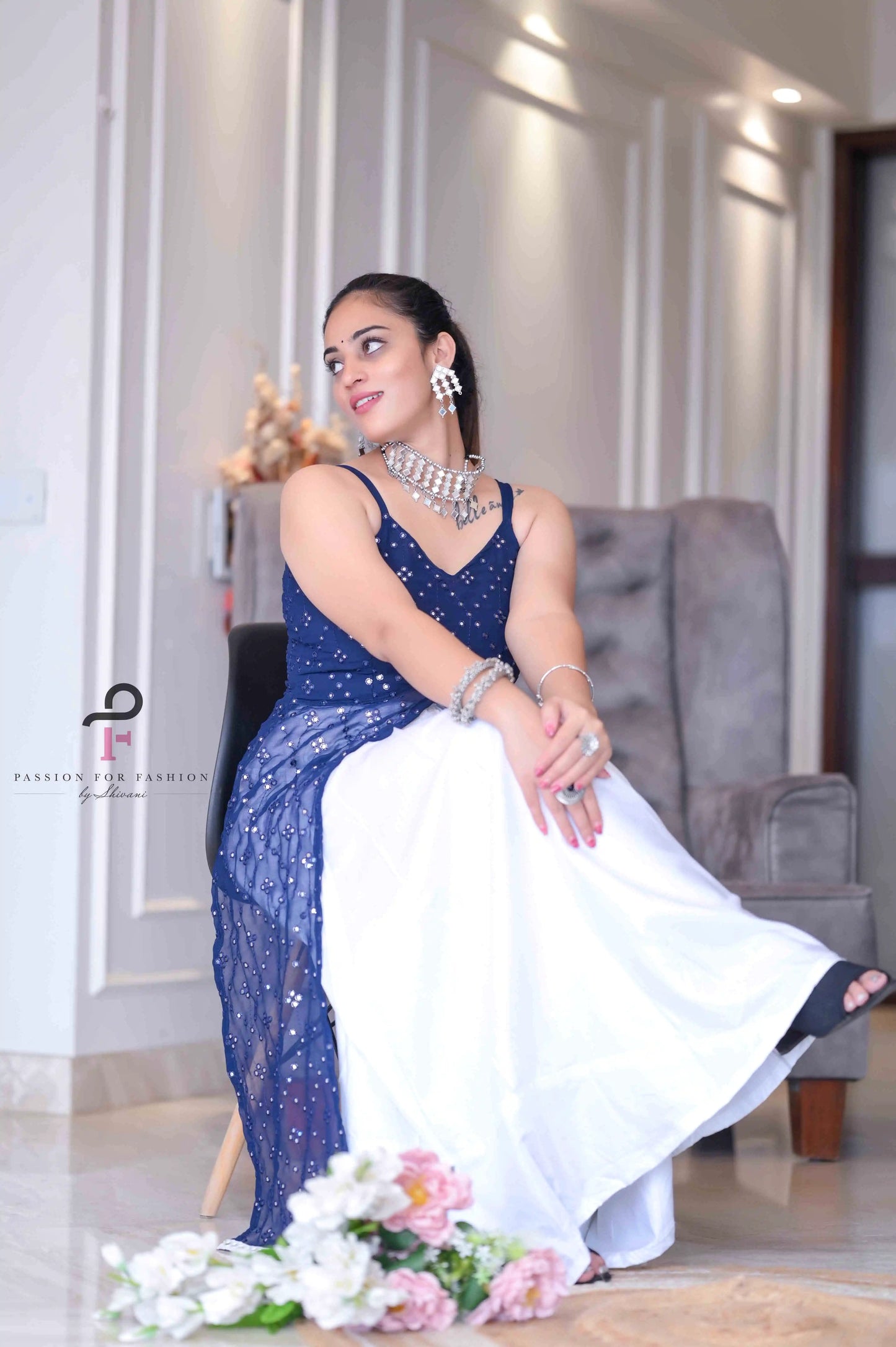 Dazzle Blue Mirror Embroidered Gulnaz Kurta