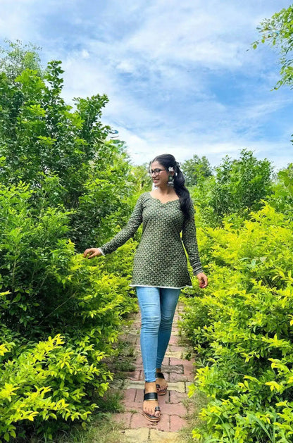 Gulmohar Green Handblock Kurti