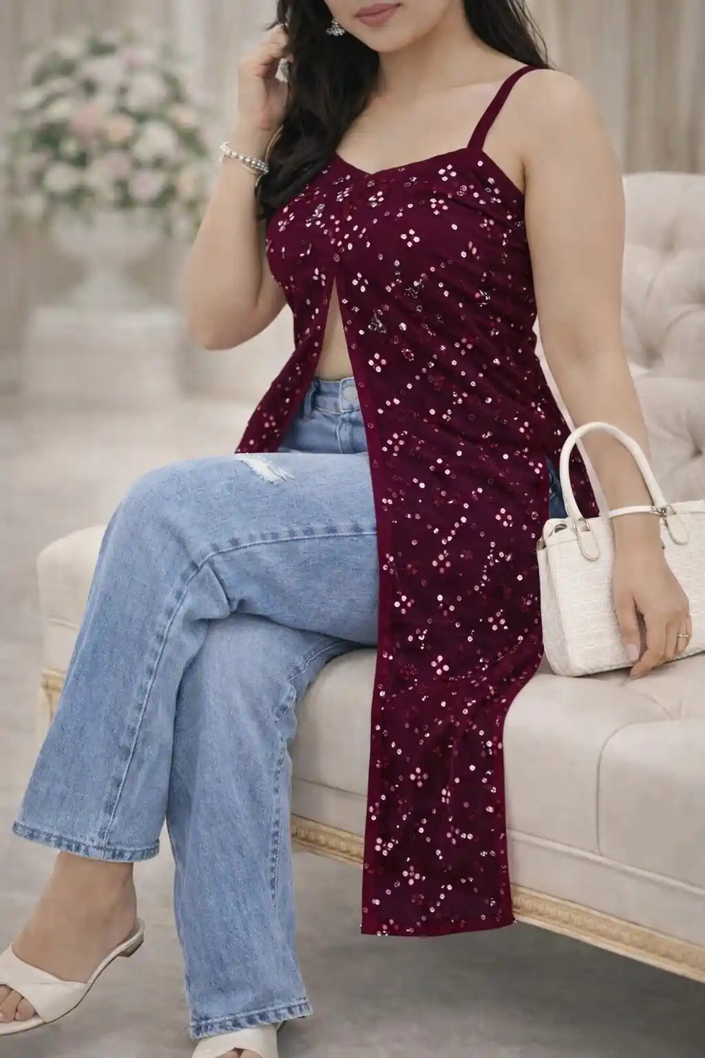 Shimmer Wine Embellished Mirror Kurta