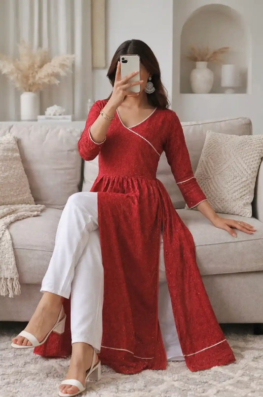 Scarlet Maroon Gulnaz Slit Kurta Featuring "THE SHUKLA SISTERS"