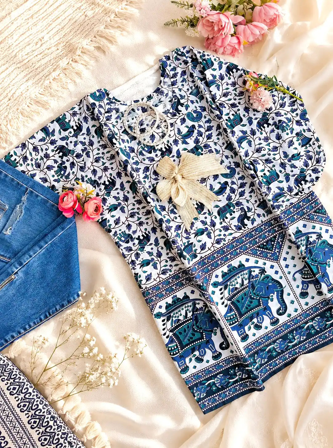White Handprinted Short Kurta