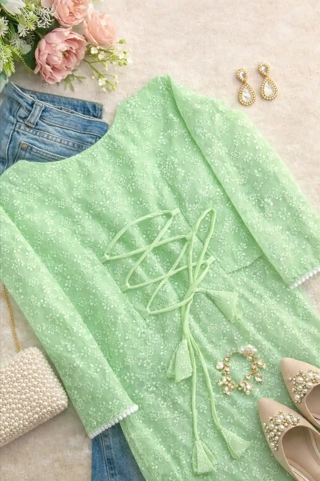 Gulnaz Mint Chikankari Lace-Up Kurta