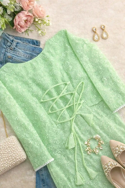 Gulnaz Mint Chikankari Lace-Up Kurta