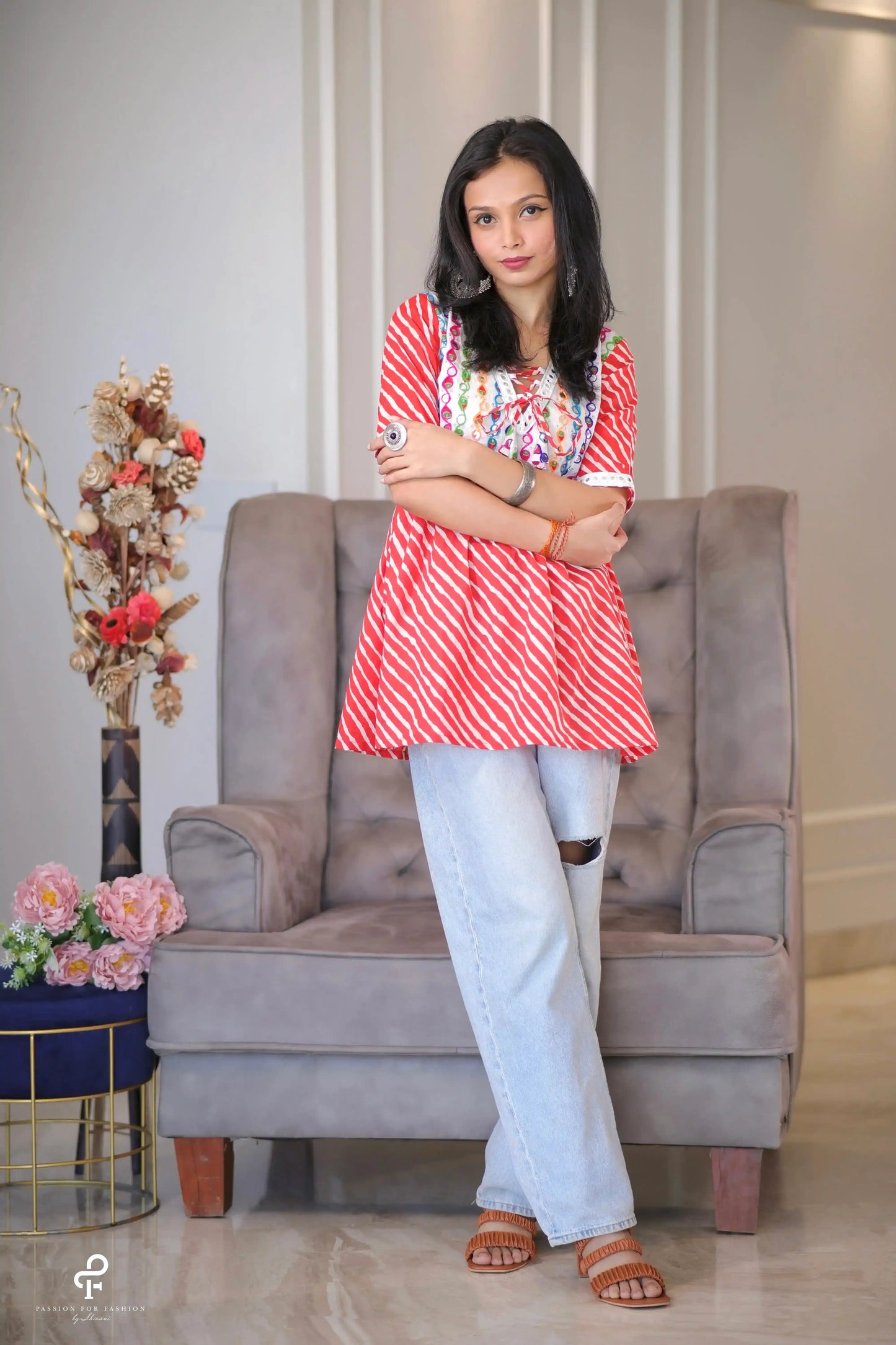 Flaming Orange Lehriya Short Kurta