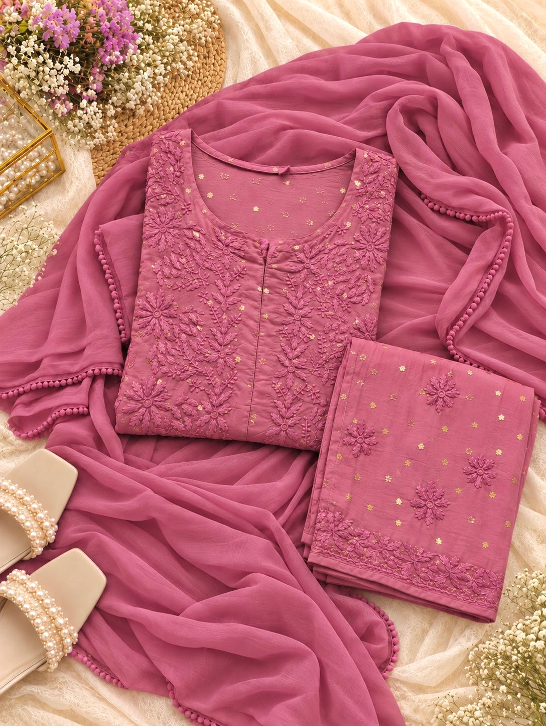 Berry Pink Chikankari Embroidery Suit Set