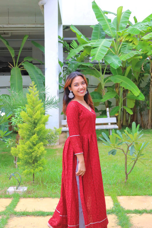 Scarlet Maroon Gulnaz Slit Kurta Featuring "THE SHUKLA SISTERS"