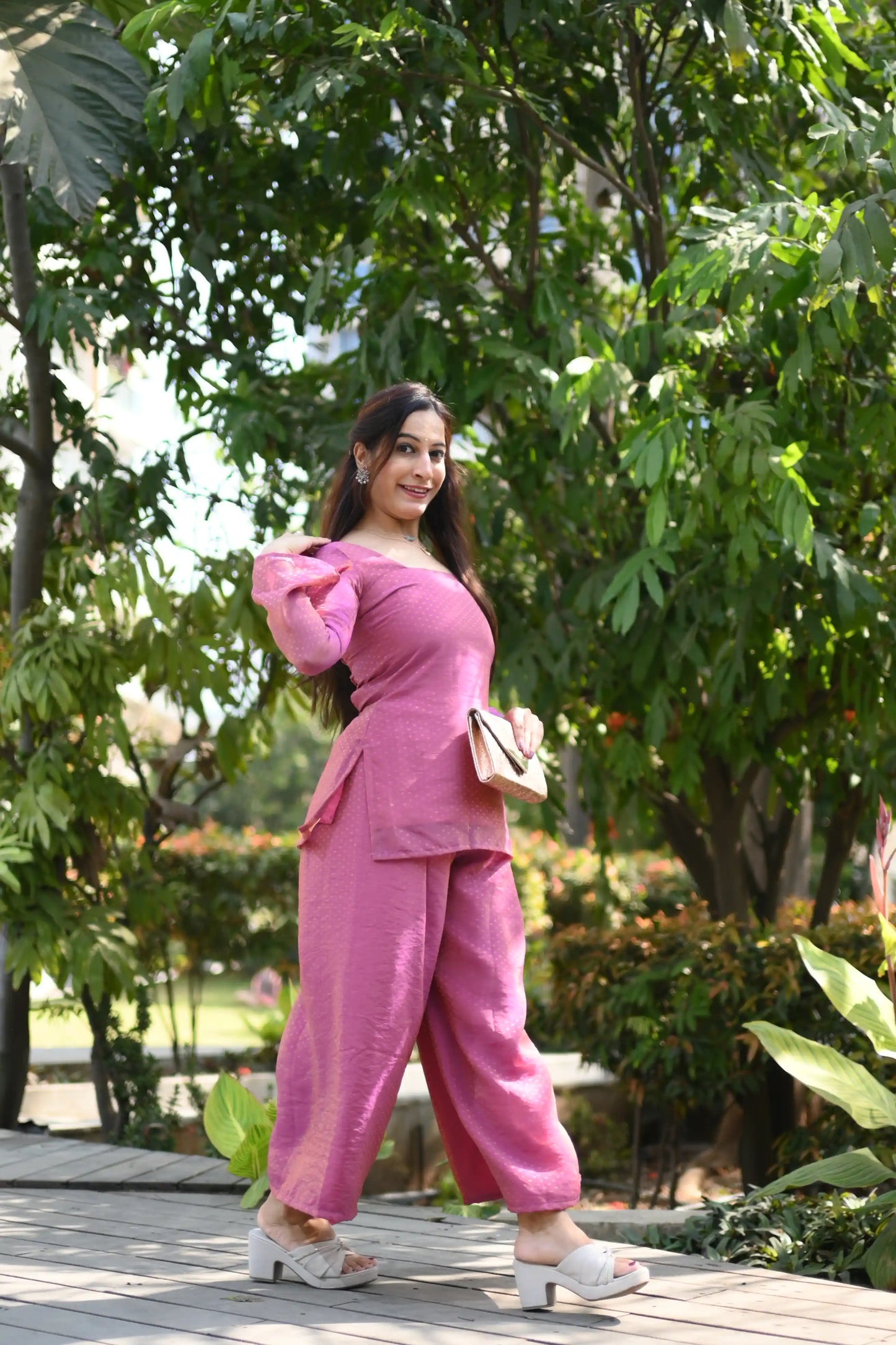 Rose Pink Textured Farsi Suit Set