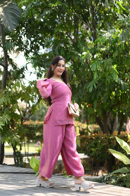 Rose Pink Textured Farsi Suit Set