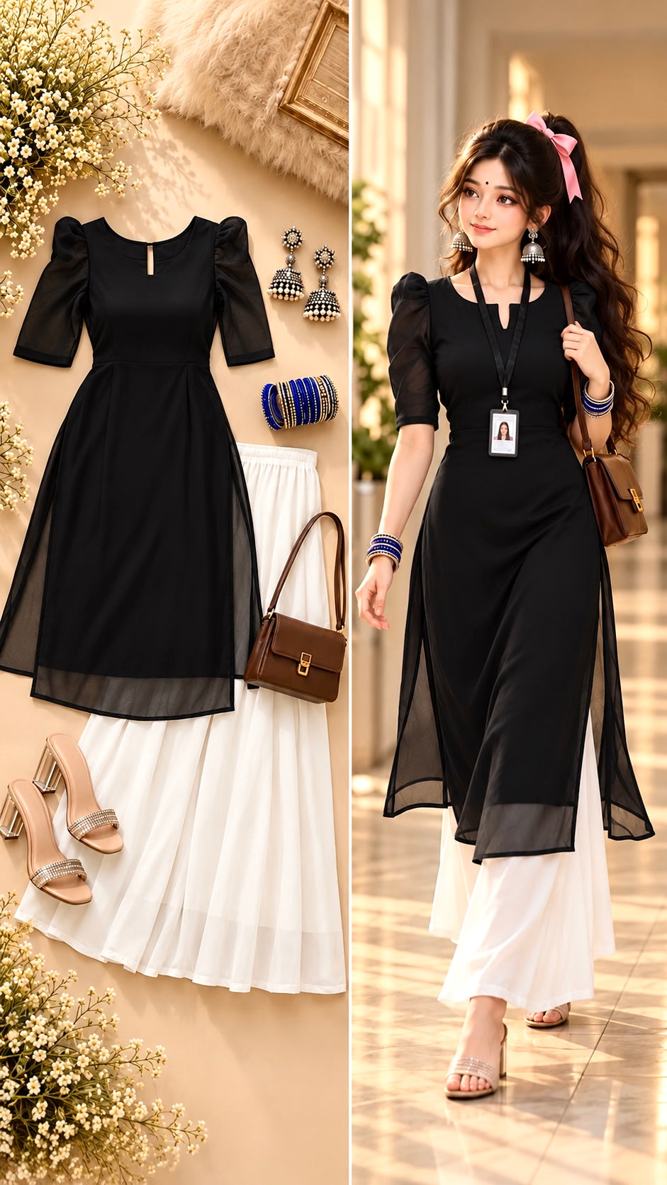 Sheer Black Puff Sleeves Kurta