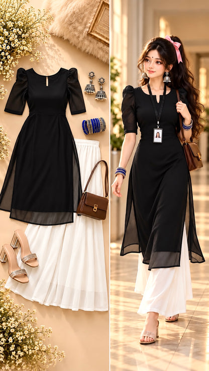 Sheer Black Puff Sleeves Kurta