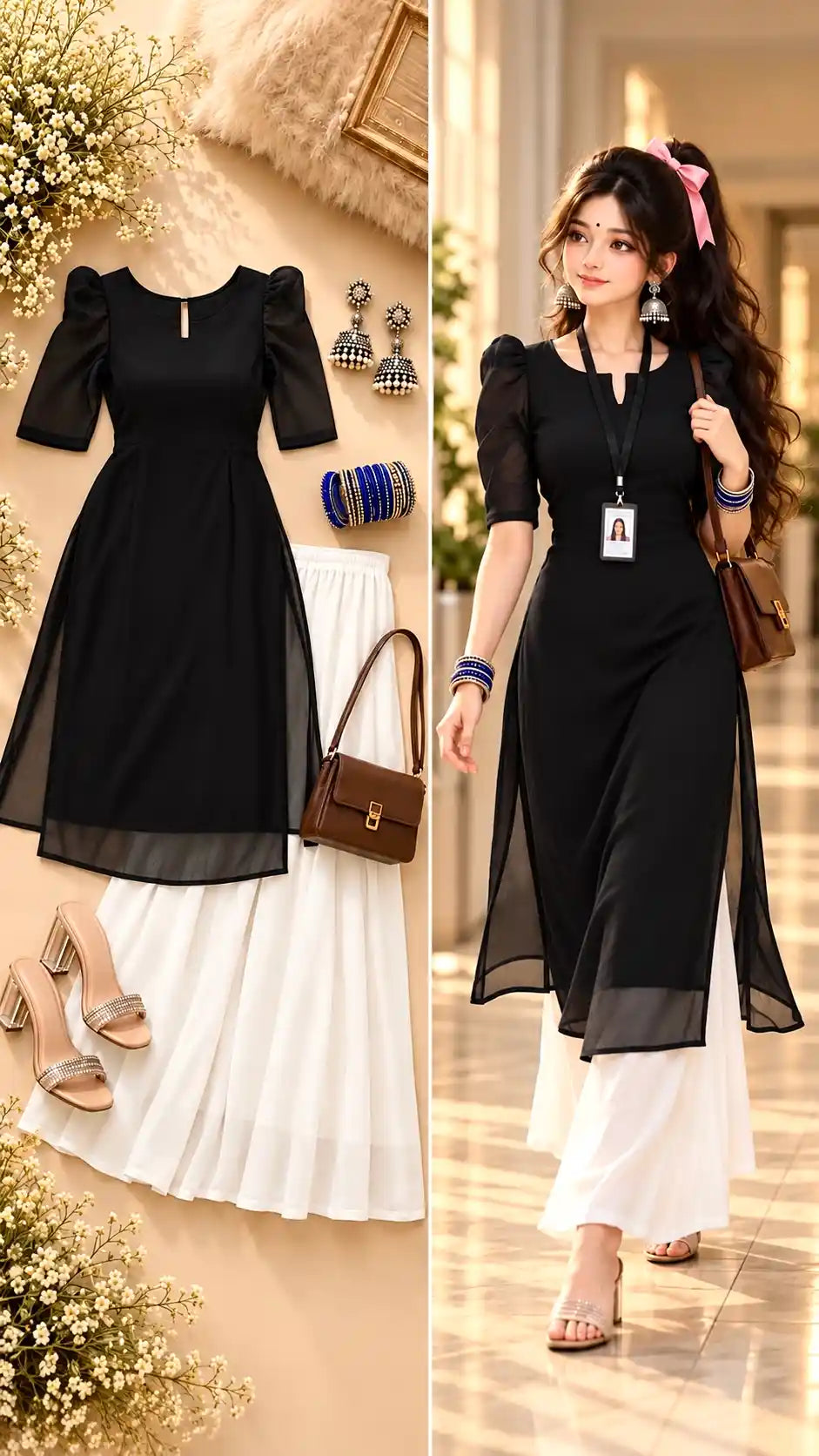 Sheer Black Puff Sleeves Kurta