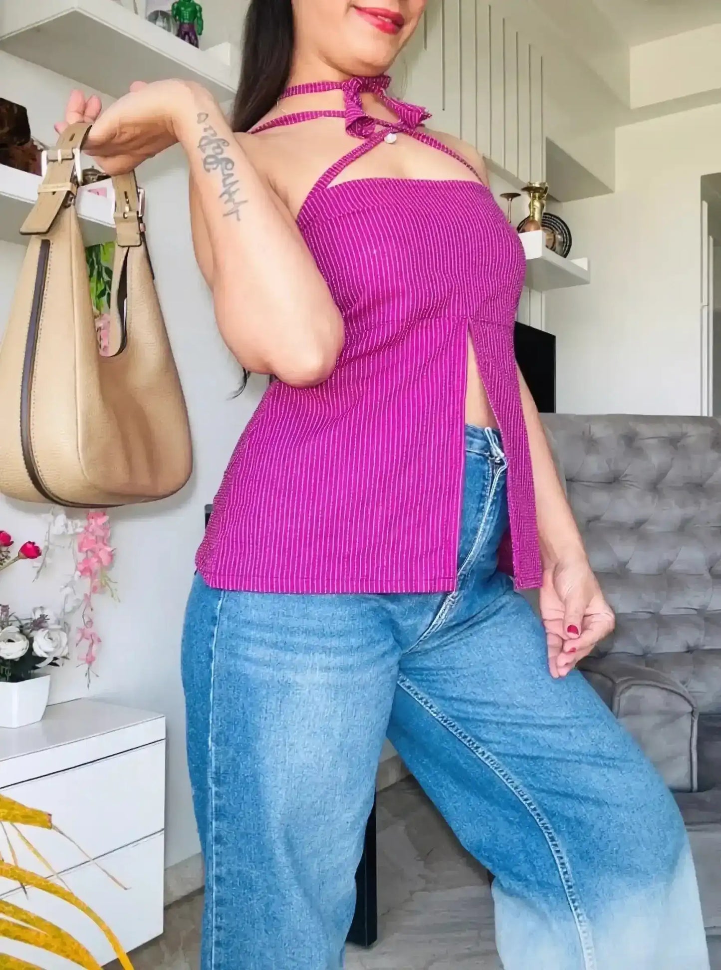 Magenta Pinstripe Halter Neck Slit Top
