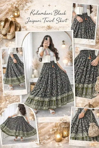 Kalamkari Black Jaipuri Twirl Skirt