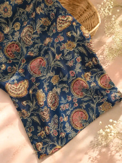Midnight Blue Floral Handblock Print Cotton Fabric