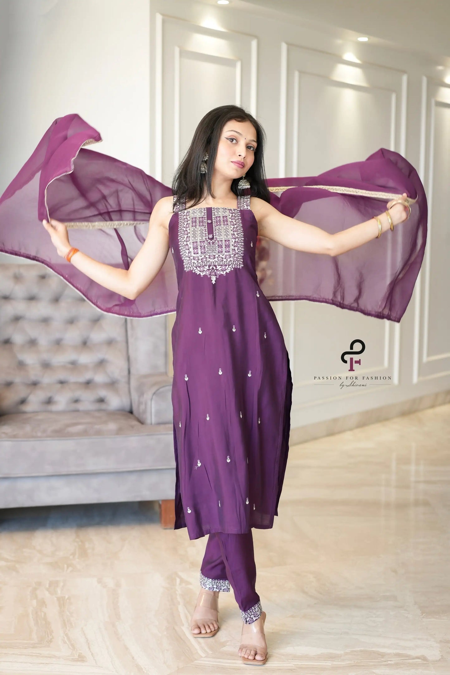 Damson Purple Muslin Meher Embroidery Suit Set