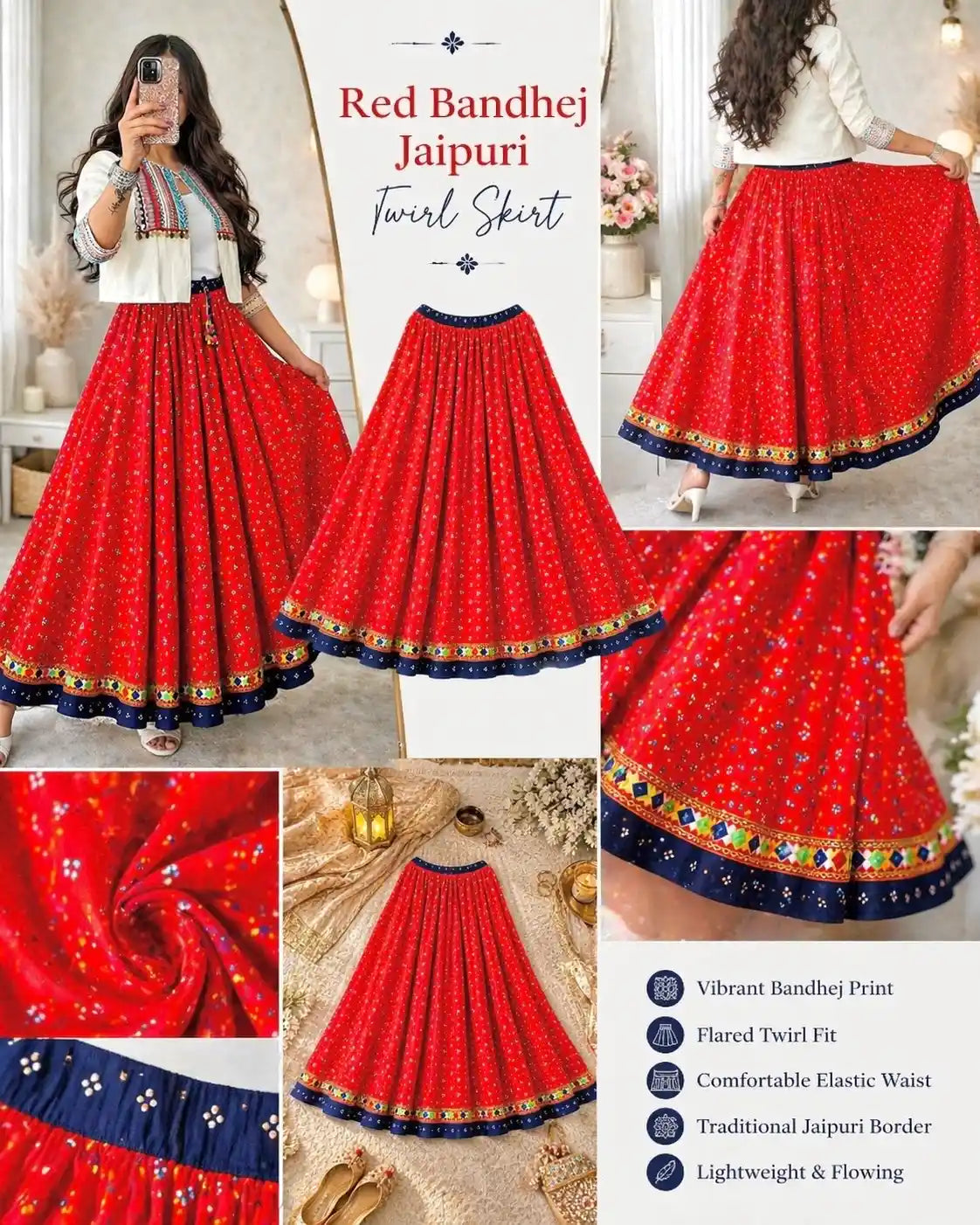 Red Bandhej Jaipuri Twirl Skirt
