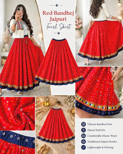 Red Bandhej Jaipuri Twirl Skirt