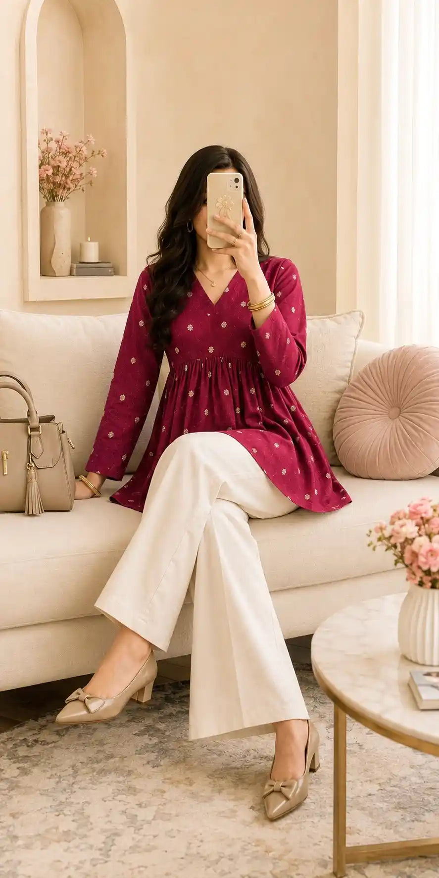 Maroon Embroidered Flared Peplum Top