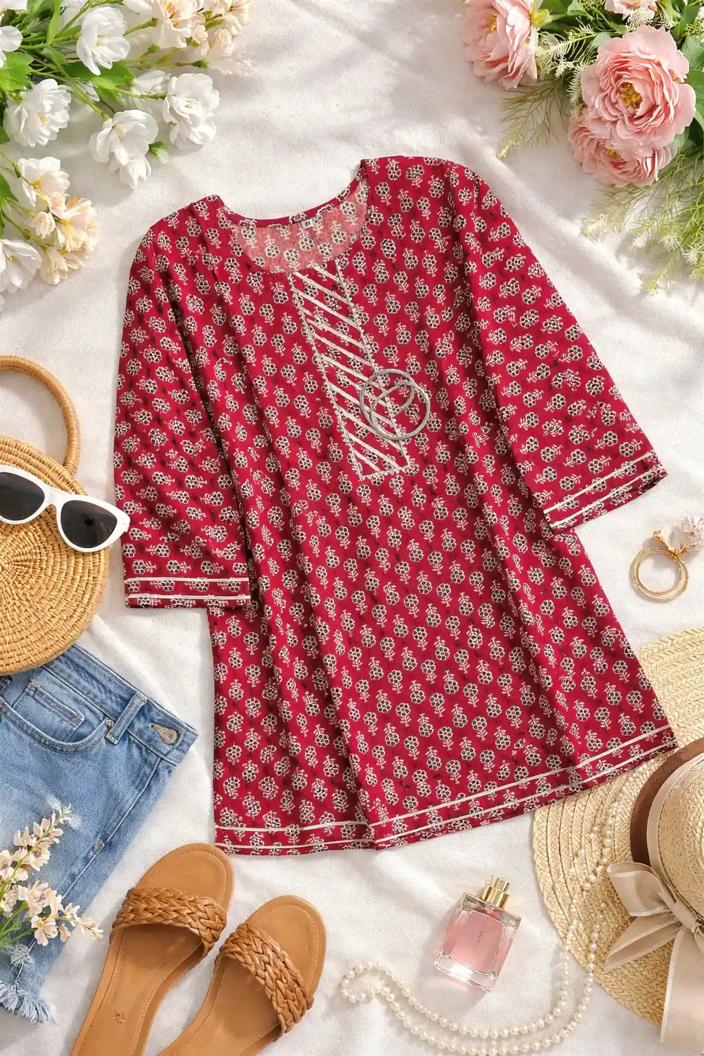 Maroon Jaipuri Cotton Short Kurta