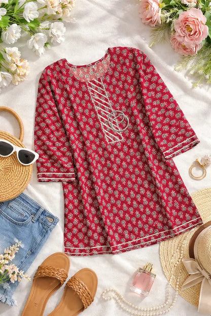 Maroon Jaipuri Cotton Short Kurta