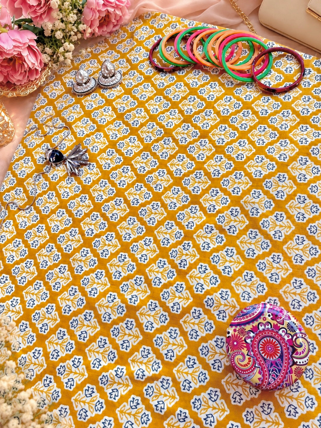 Mustard Yellow Floral Butti Printed Fabric Cut