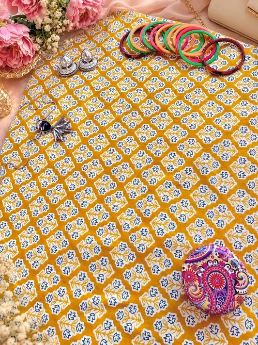 Mustard Yellow Floral Butti Printed Fabric Cut