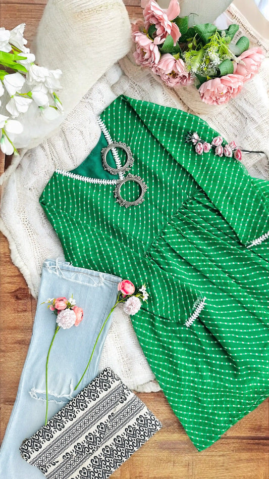 Bandhej Green Peplum Top