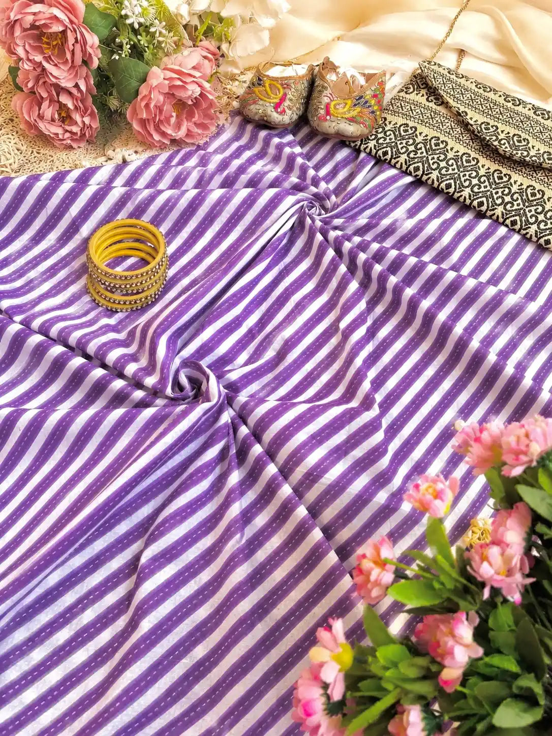 Purple Striped Premium Cotton Fabric Cut