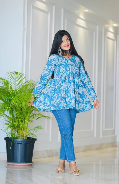 Blue Kalamkari Jaipuri Short Top