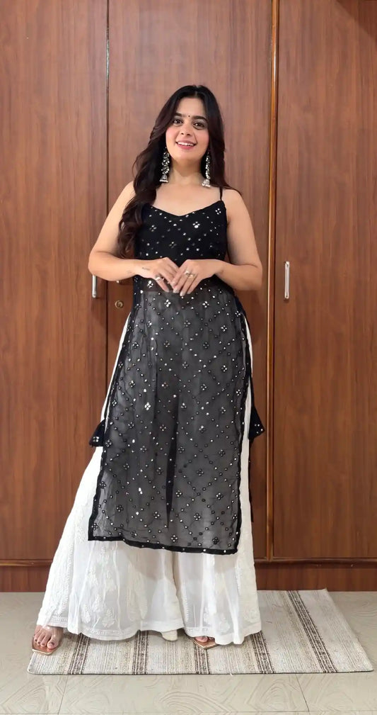 Black Hand Embellished Mirror Kurta