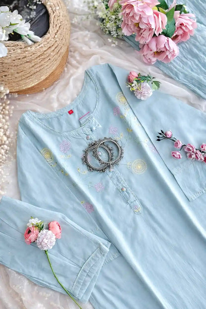 Pastel Aqua Blossom Kurta Set