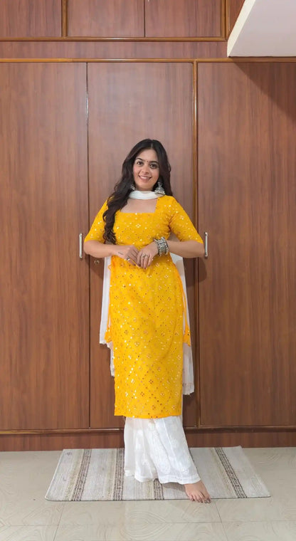 Santoshi’s Yellow Mirror Embroidered Gulnaz Kurta