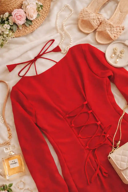 Crimson Red Back Tie Ruffle Set