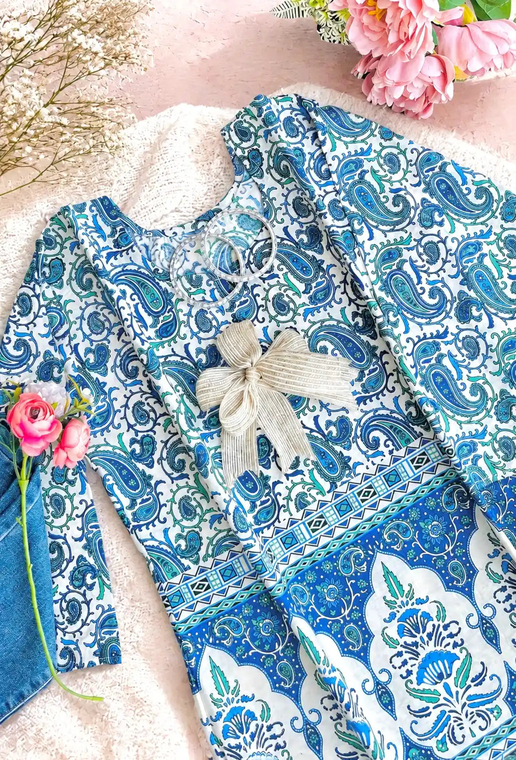 Blue Handprinted Short Kurta