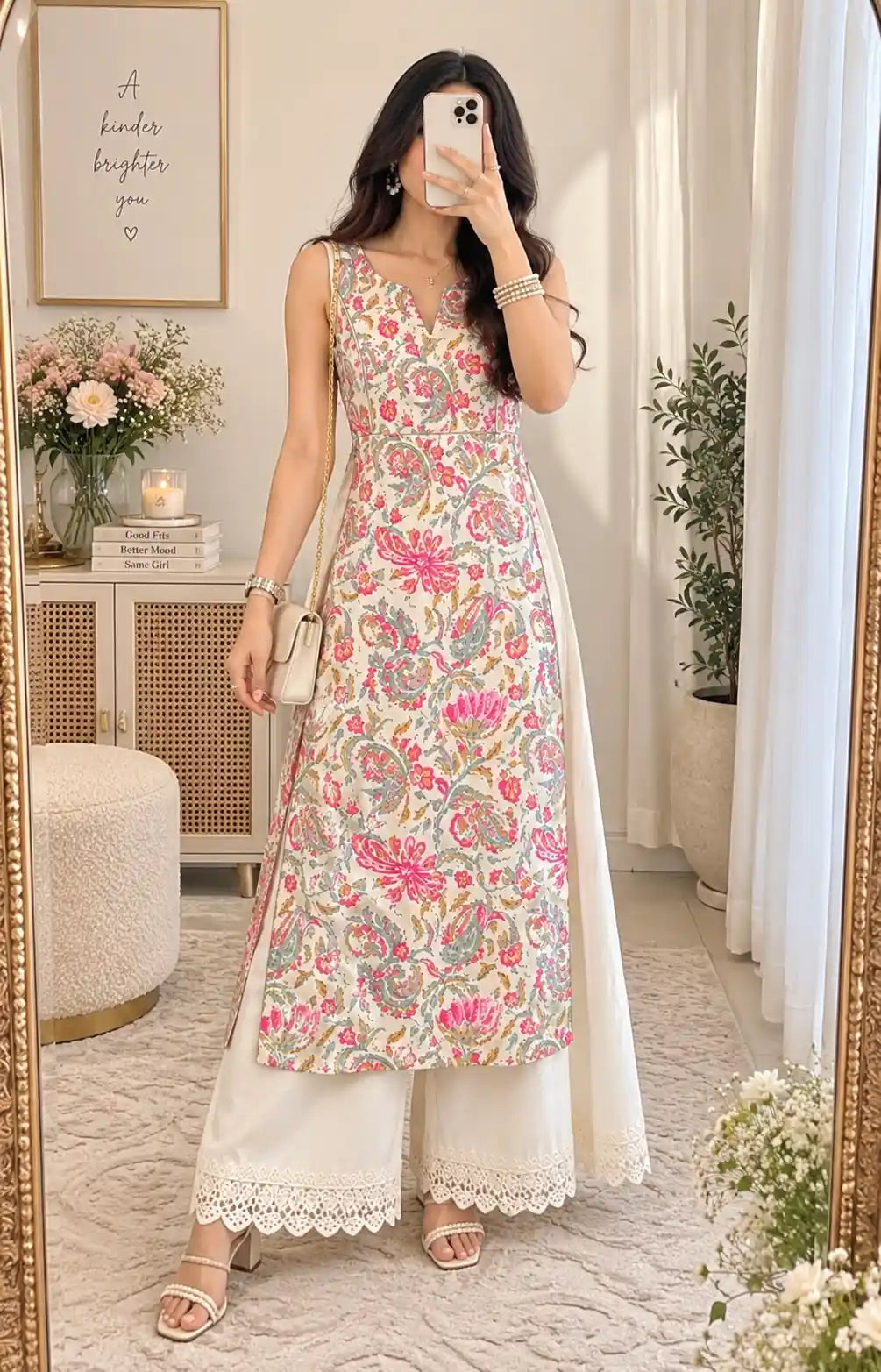 Gulnaz Ivory Paisley Floral Printed Kurta