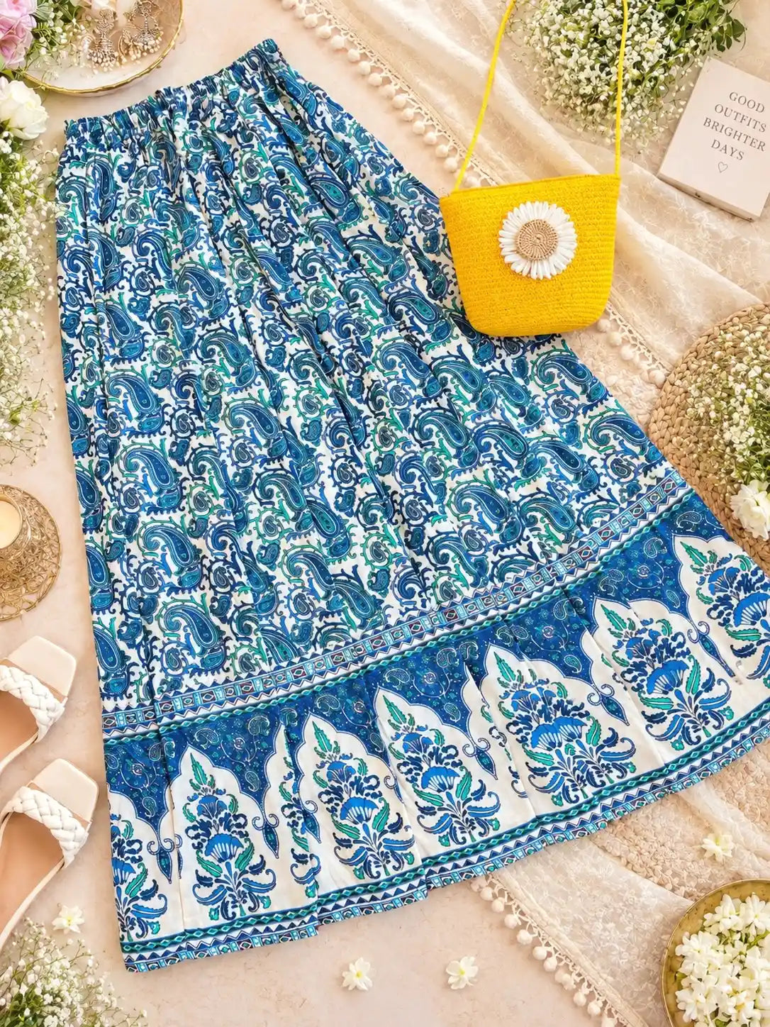 Blue Paisley Jaipuri Flared Cotton Skirt